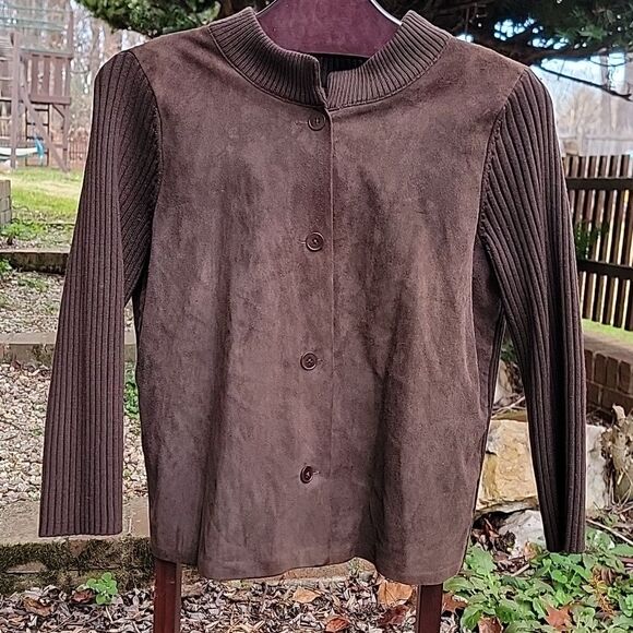 Talbots ribbed merino wool and suede brown sweater button up jacket size M EUC - Picture 1 of 8